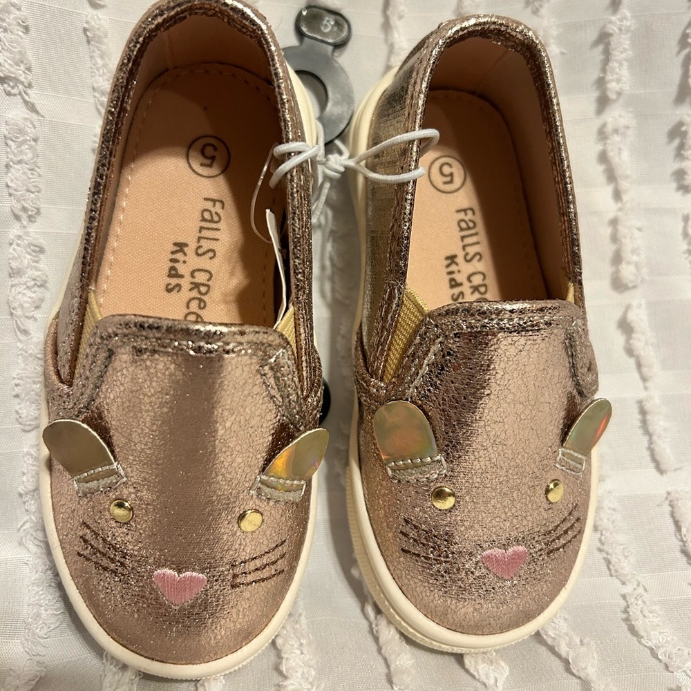 Falls Creek Kids Girls Size 5 Rose Gold Metallic Cat Slip On Sneakers Toddler‎